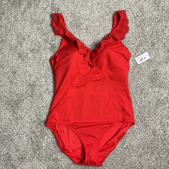 Draper James Ruffle V-Neck Floral One Piece Swimsuit Orange Sz 14 Beach Summer - Picture 2 of 10